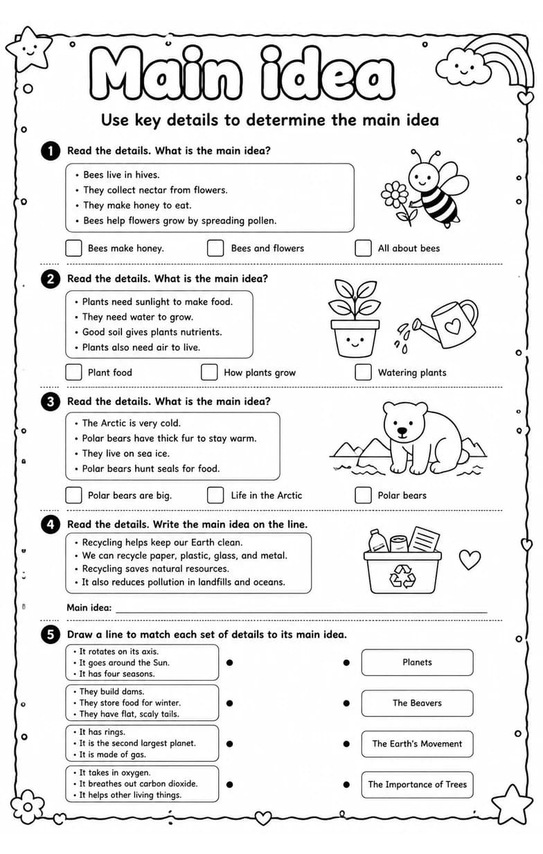 Use key details to determine the main idea — free printable Reading strategies English worksheet