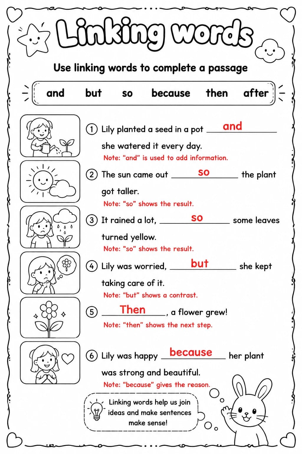Answer key for Use linking words to complete a passage — free printable English & Reading worksheet