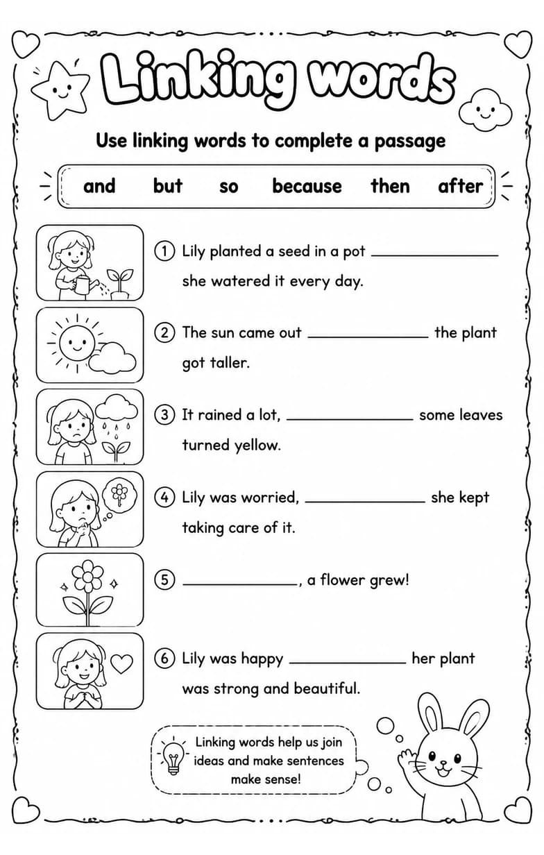 Use linking words to complete a passage — free printable Writing strategies English worksheet
