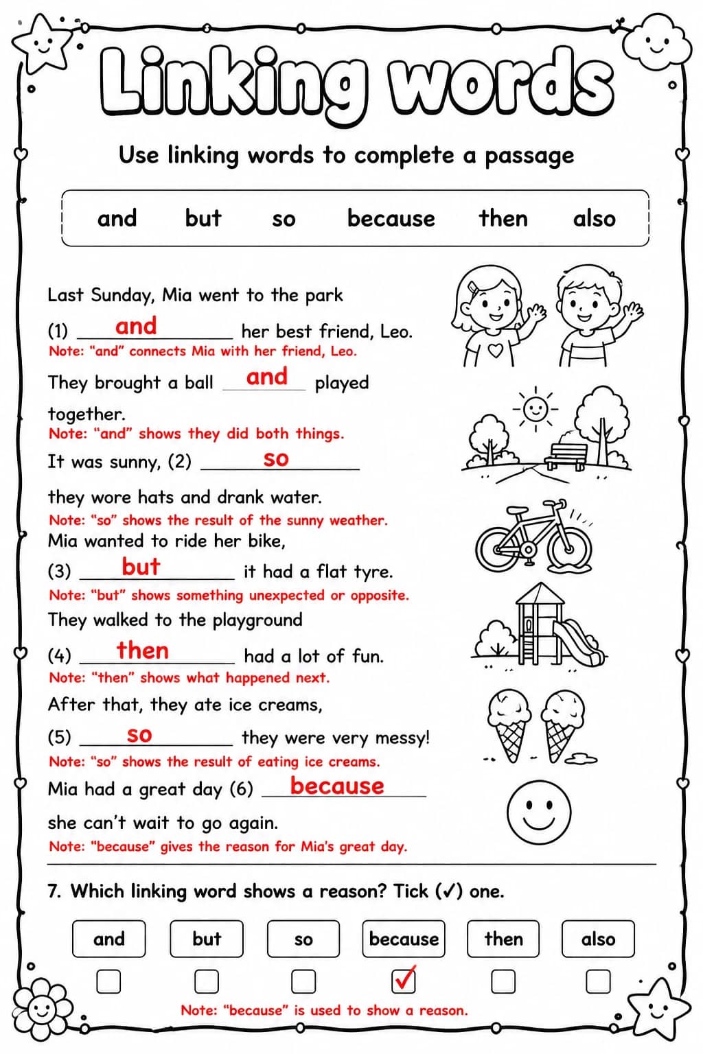 Answer key for Use linking words to complete a passage — free printable English & Reading worksheet