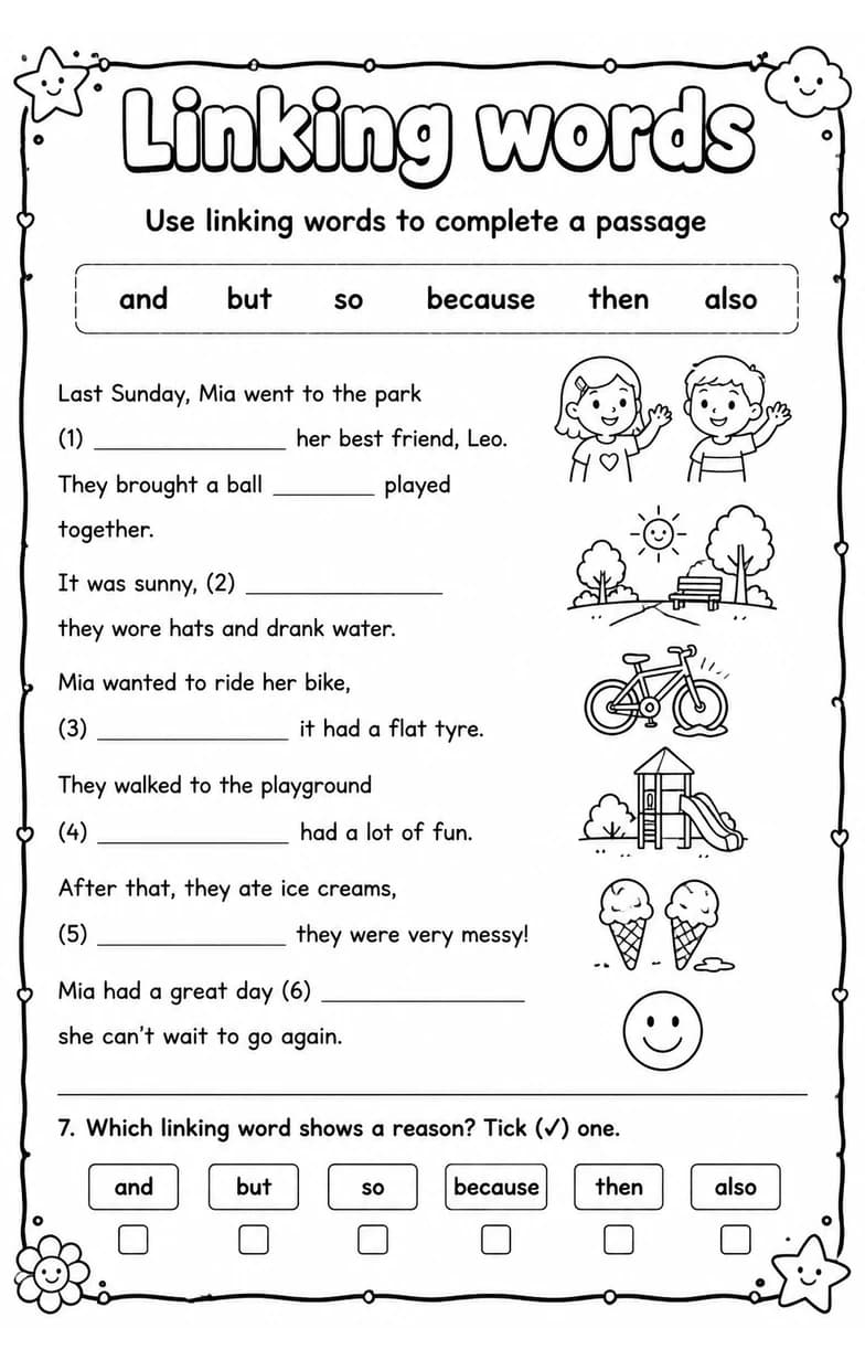 Use linking words to complete a passage — free printable Grade 3 English & Reading worksheet
