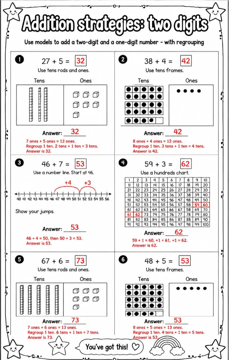 Answer key for Use models to add a two-digit and a one-digit number - with regrouping — free printable Math worksheet