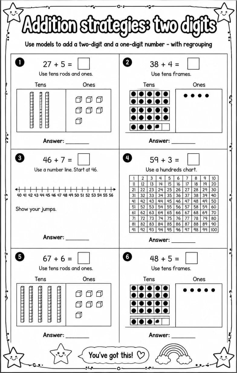 Use models to add a two-digit and a one-digit number - with regrouping — free printable Grade 2 Math worksheet