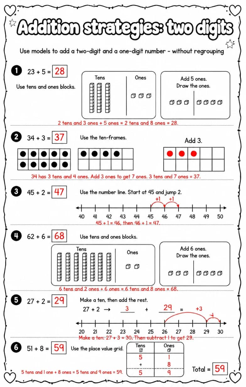 Answer key for Use models to add a two-digit and a one-digit number - without regrouping — free printable Math worksheet