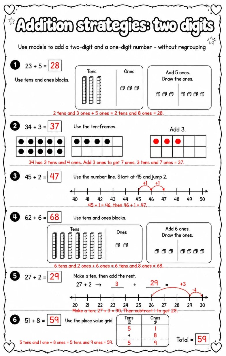 Answer key for Use models to add a two-digit and a one-digit number - without regrouping — free printable Math worksheet