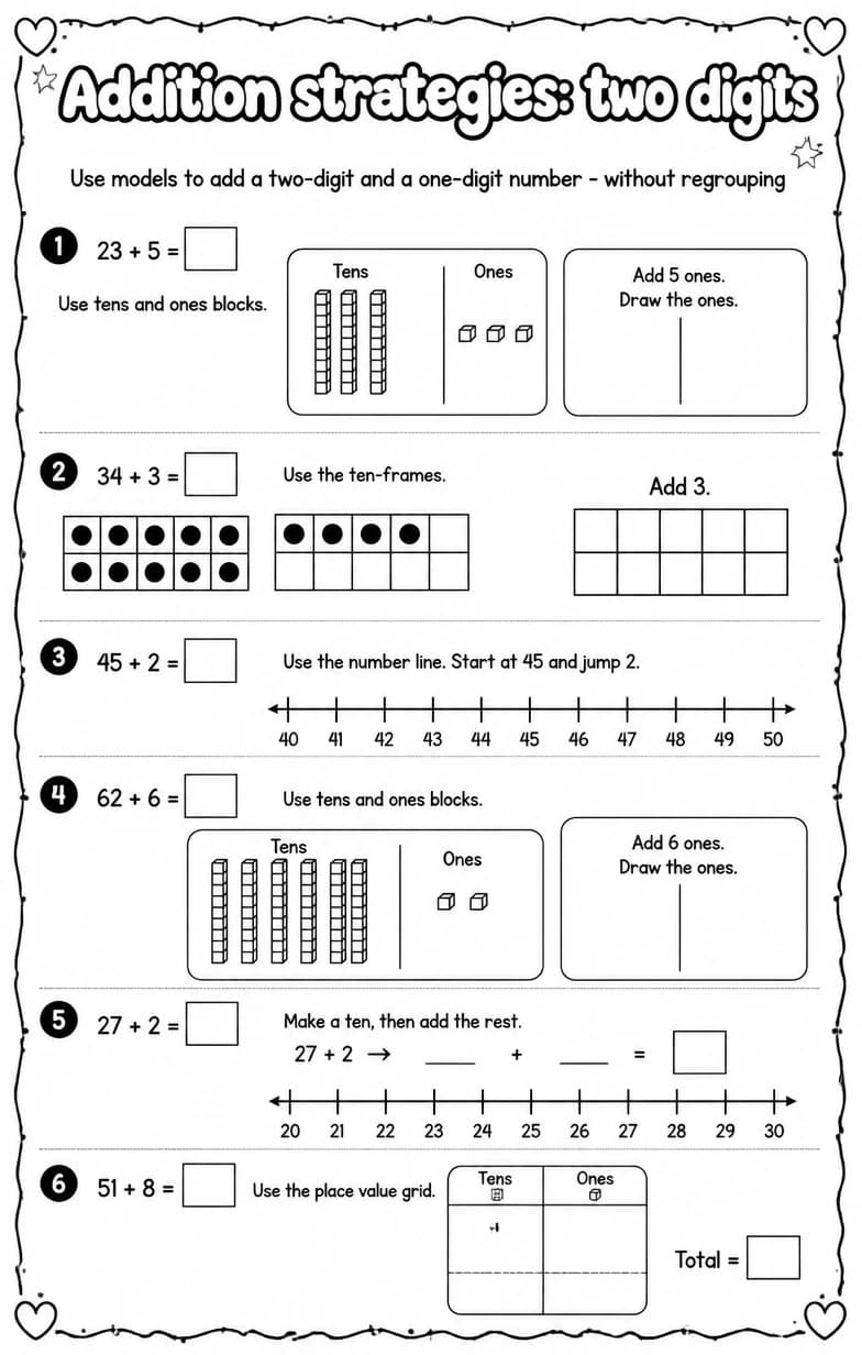 Use models to add a two-digit and a one-digit number - without regrouping — free printable Grade 2 math worksheet