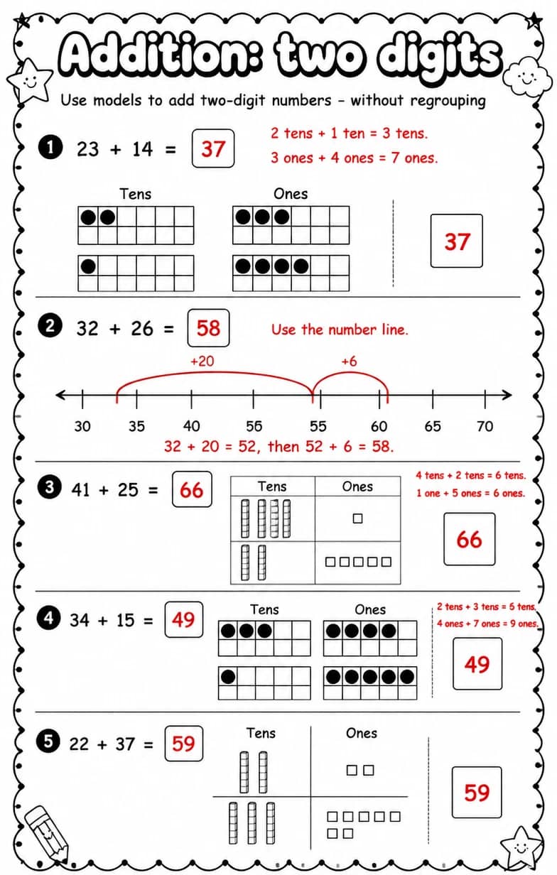 Answer key for Use models to add two-digit numbers - without regrouping — free printable Math worksheet