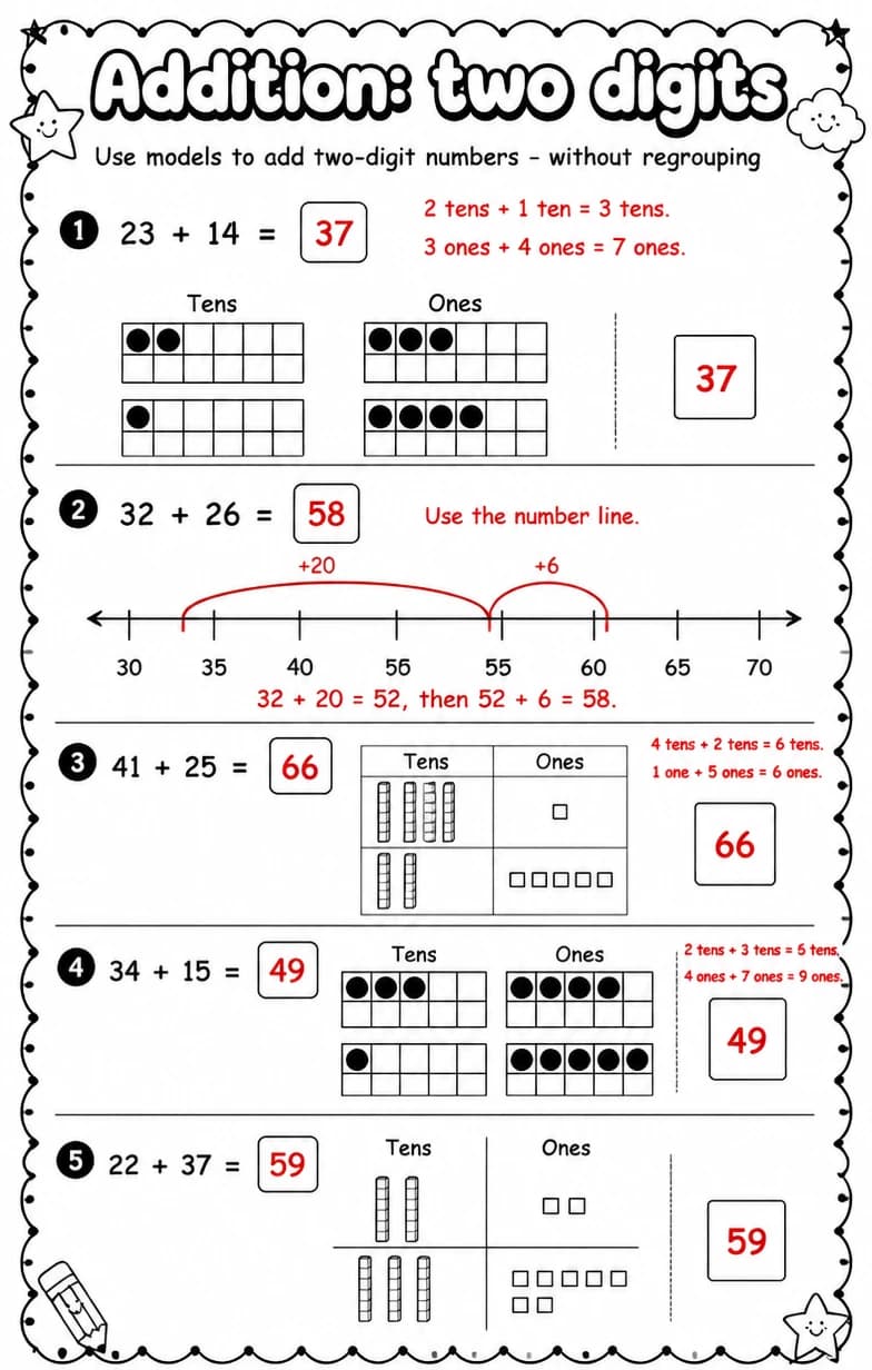 Answer key for Use models to add two-digit numbers - without regrouping — free printable Math worksheet