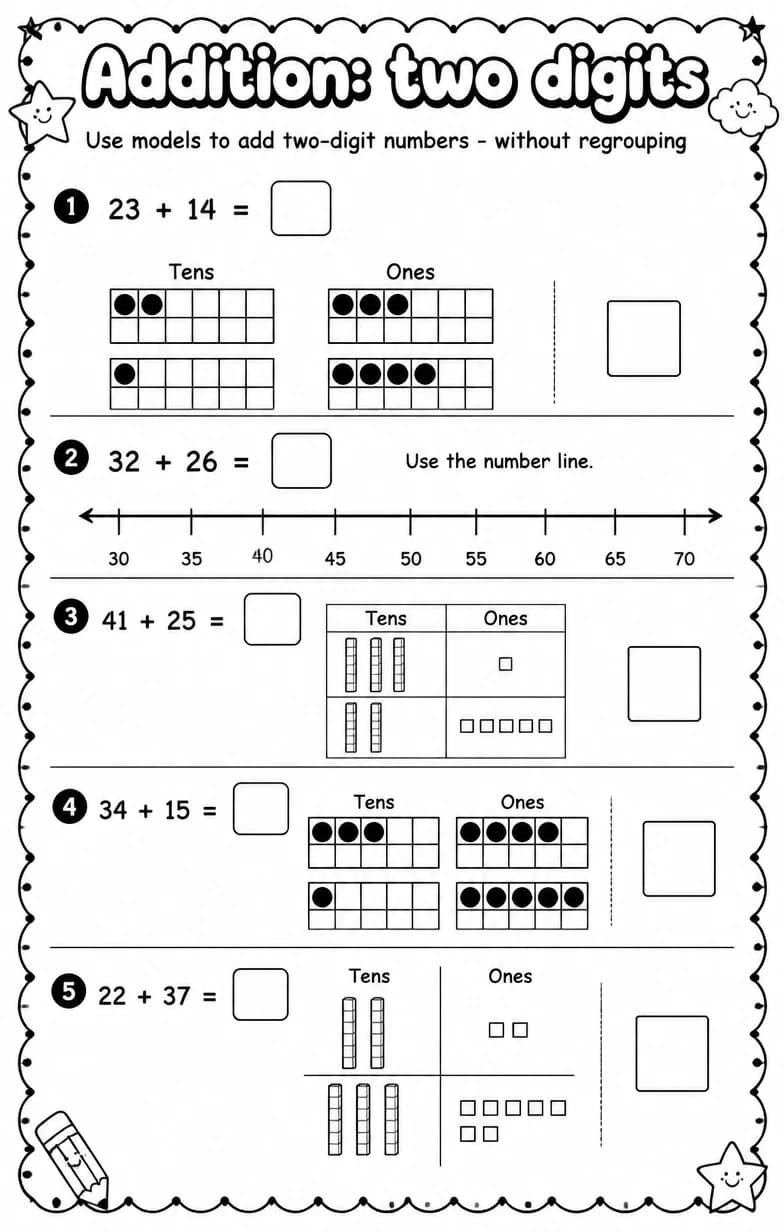 Use models to add two-digit numbers - without regrouping — free printable Grade 1 Math worksheet