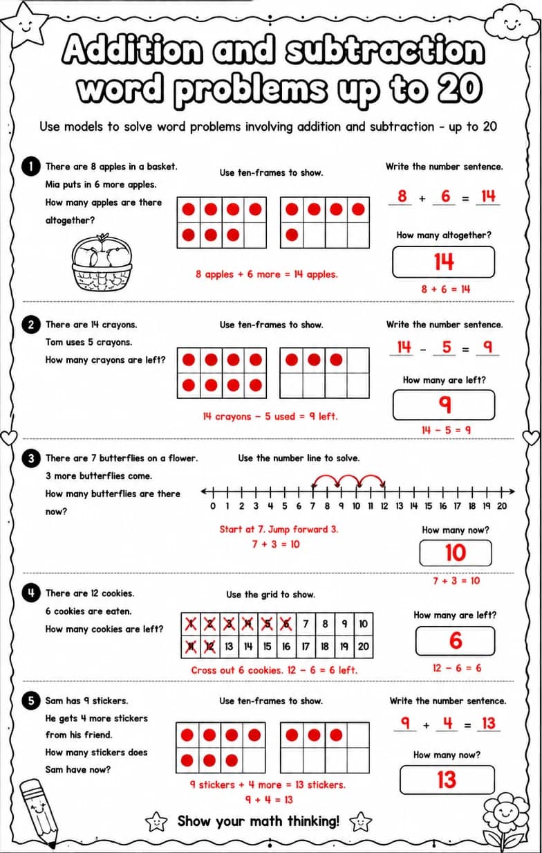 Answer key for Use models to solve word problems involving addition and subtraction - up to 20 — free printable Math worksheet