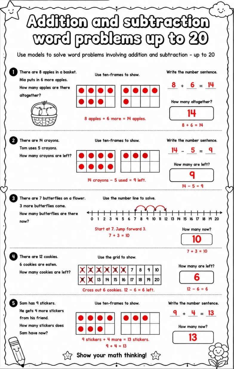 Answer key for Use models to solve word problems involving addition and subtraction - up to 20 — free printable Math worksheet