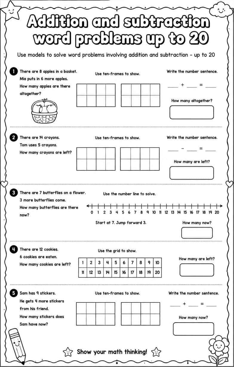 Use models to solve word problems involving addition and subtraction - up to 20 — free printable Grade 1 Math worksheet