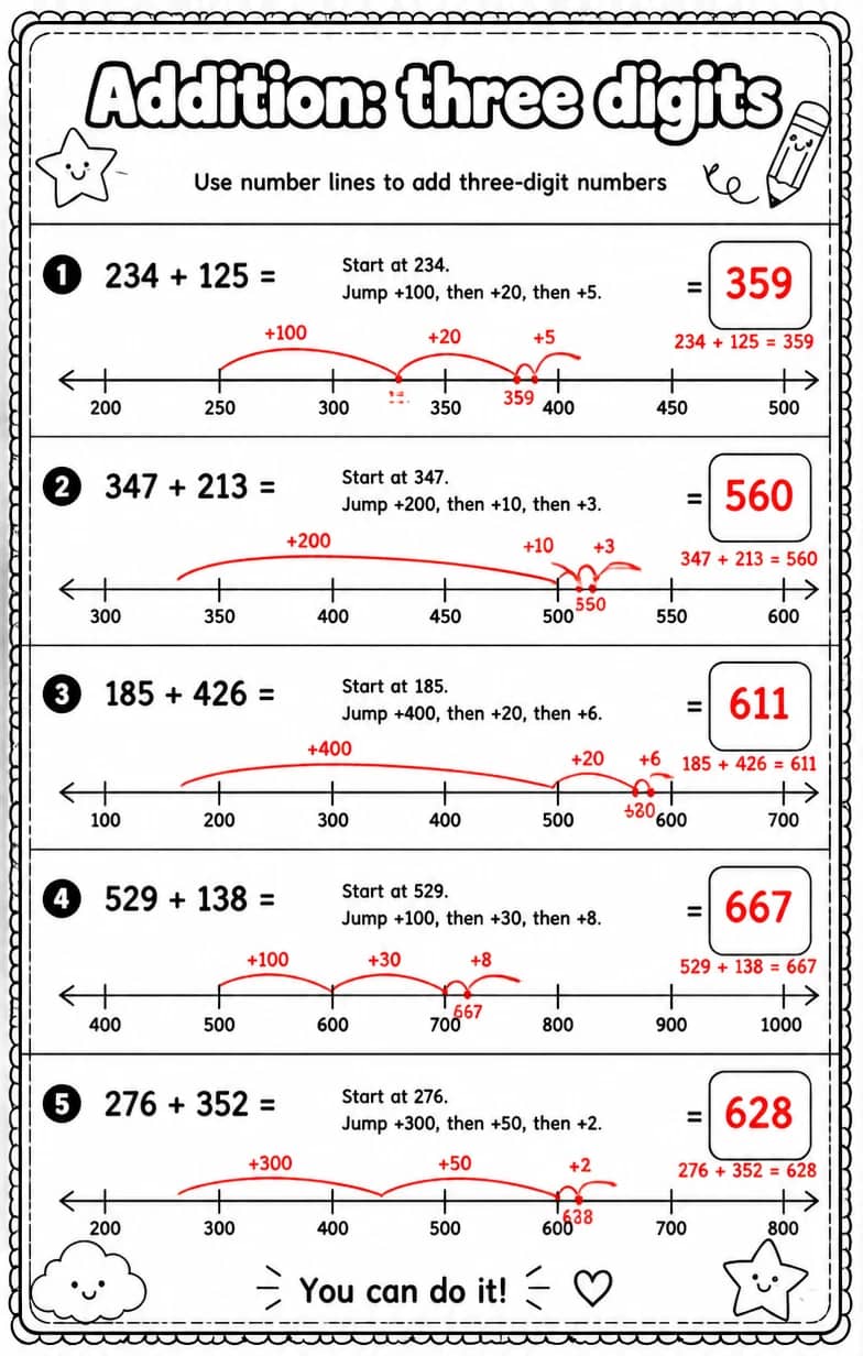 Answer key for Use number lines to add three-digit numbers — free printable Math worksheet