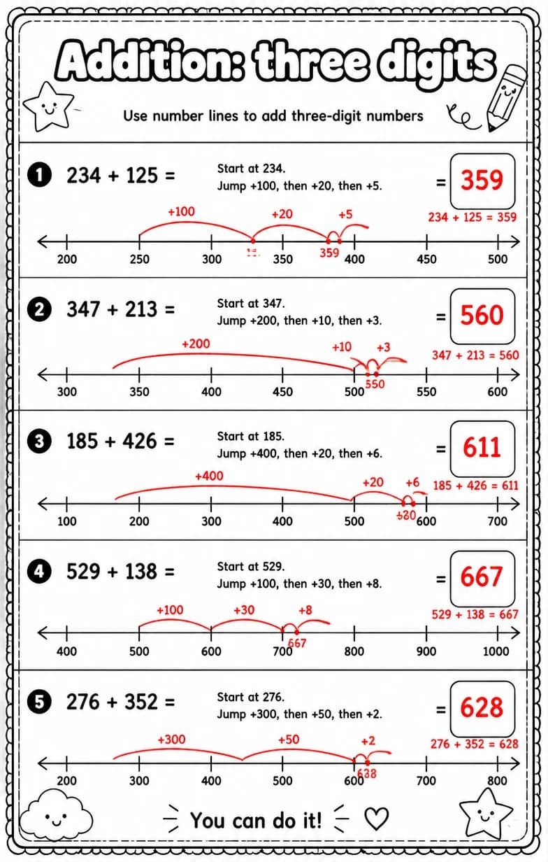 Answer key for Use number lines to add three-digit numbers — free printable Math worksheet