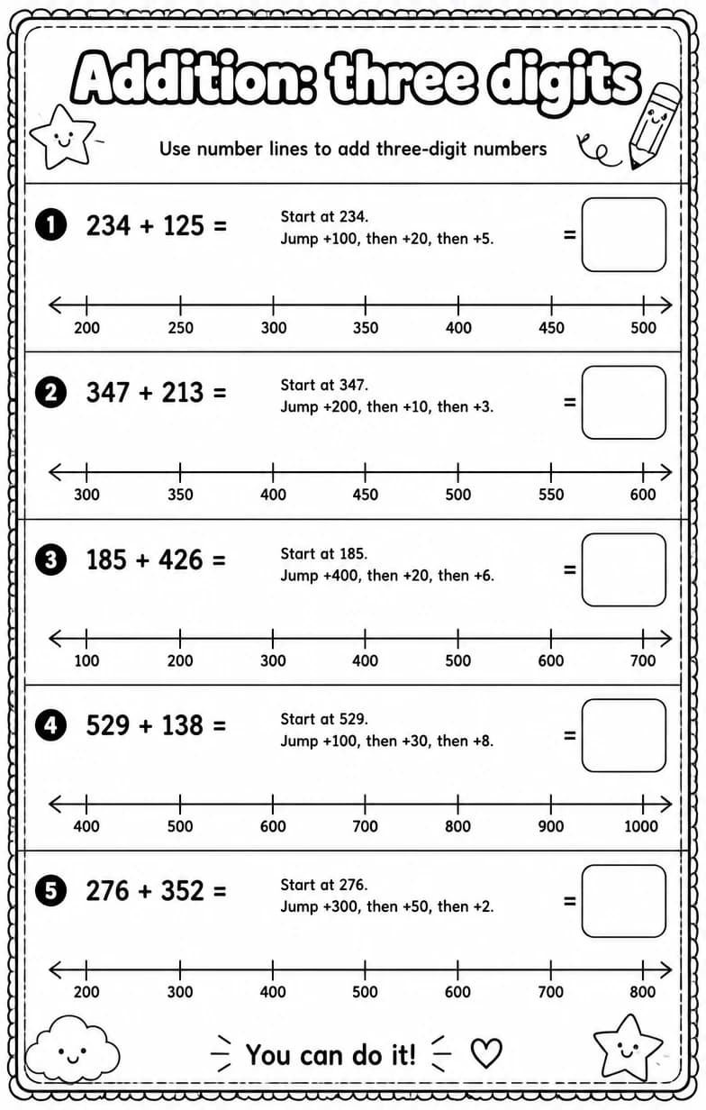 Use number lines to add three-digit numbers — free printable Grade 3 Math worksheet