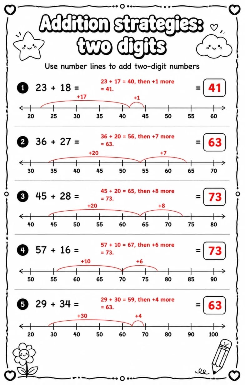 Answer key for Use number lines to add two-digit numbers — free printable Math worksheet