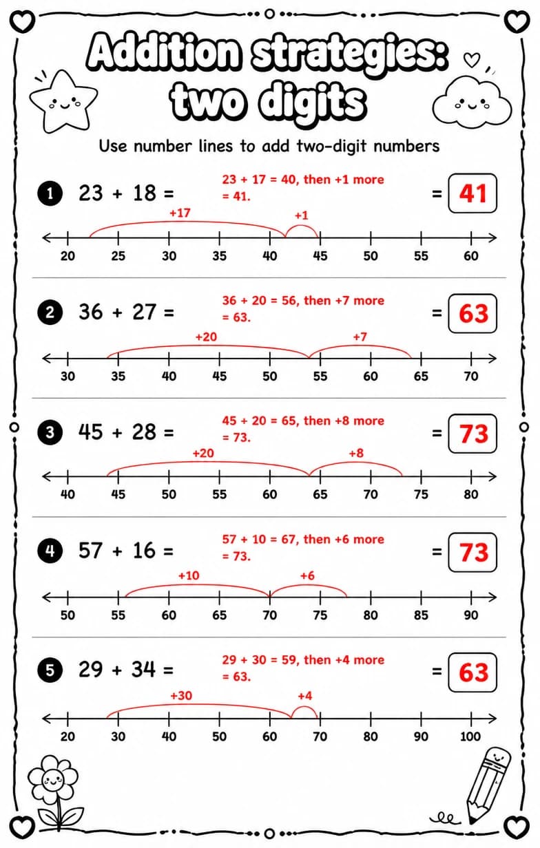 Answer key for Use number lines to add two-digit numbers — free printable Math worksheet