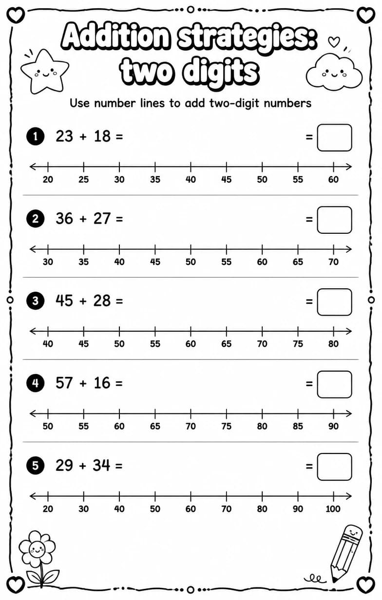Use number lines to add two-digit numbers — free printable Grade 2 math worksheet