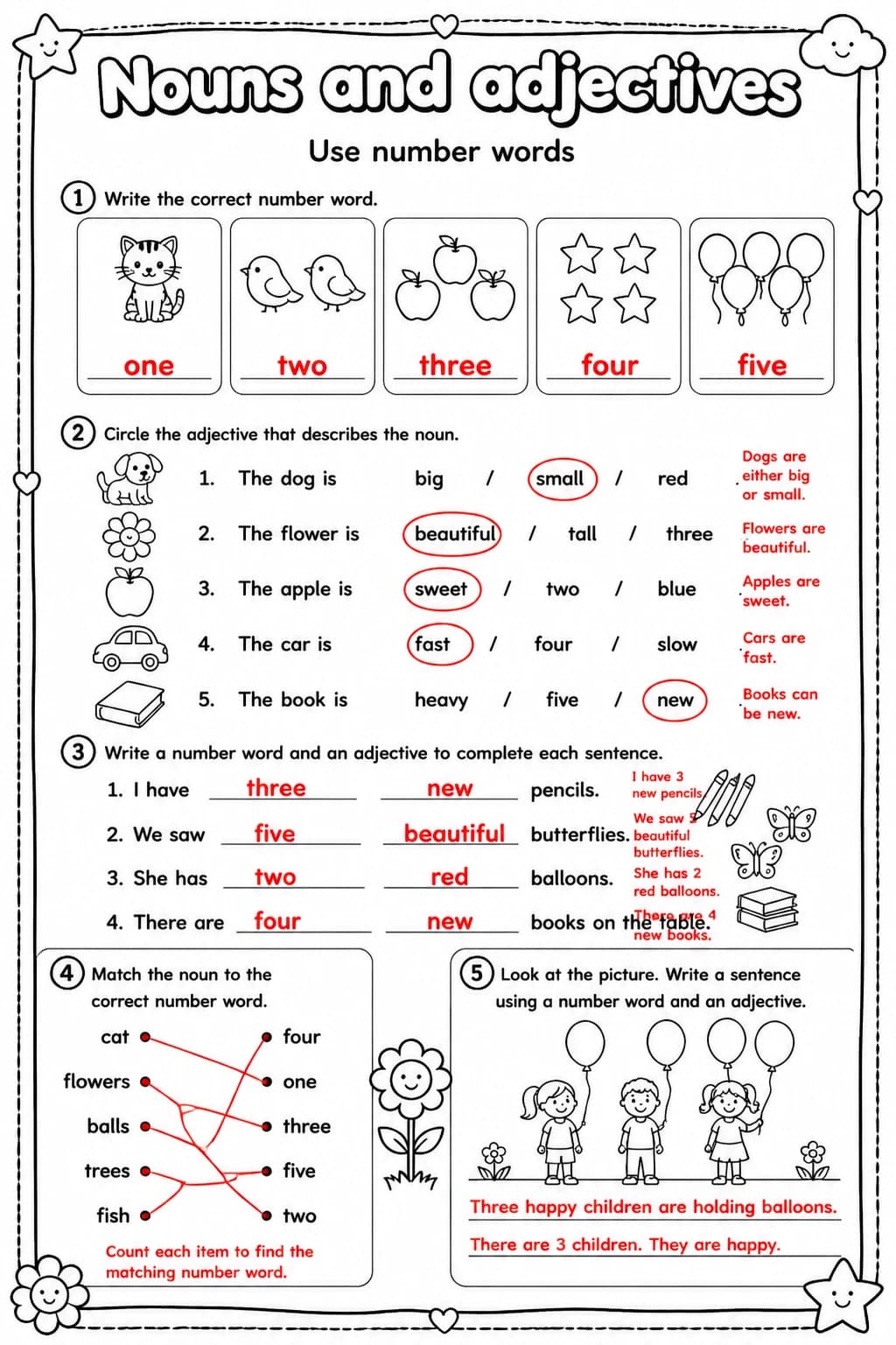 Answer key for Use number words — free printable English & Reading worksheet