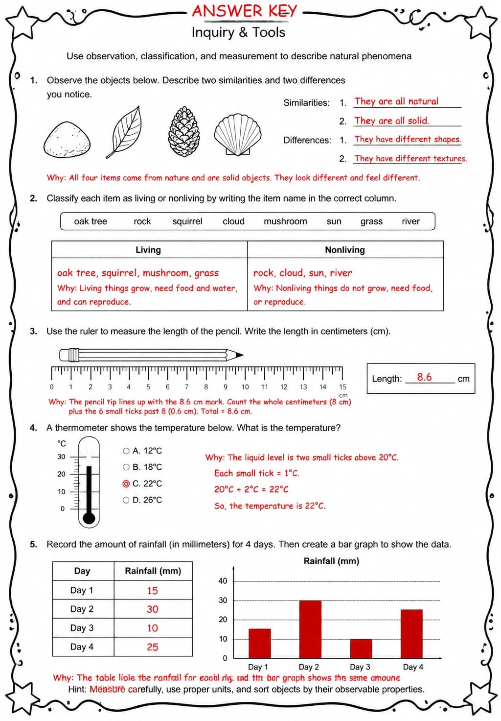 Answer key for Use observation, classification, and measurement to describe natural phenomena — free printable Science worksheet