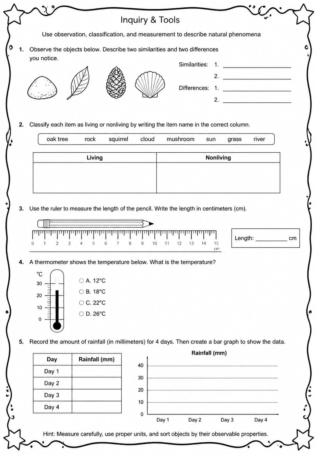 Use observation, classification, and measurement to describe natural phenomena — free printable High School Science worksheet