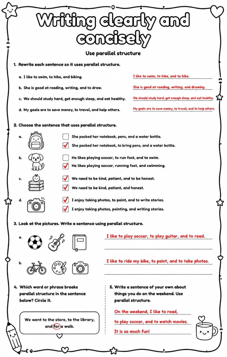 Answer key for Use parallel structure — free printable English & Reading worksheet