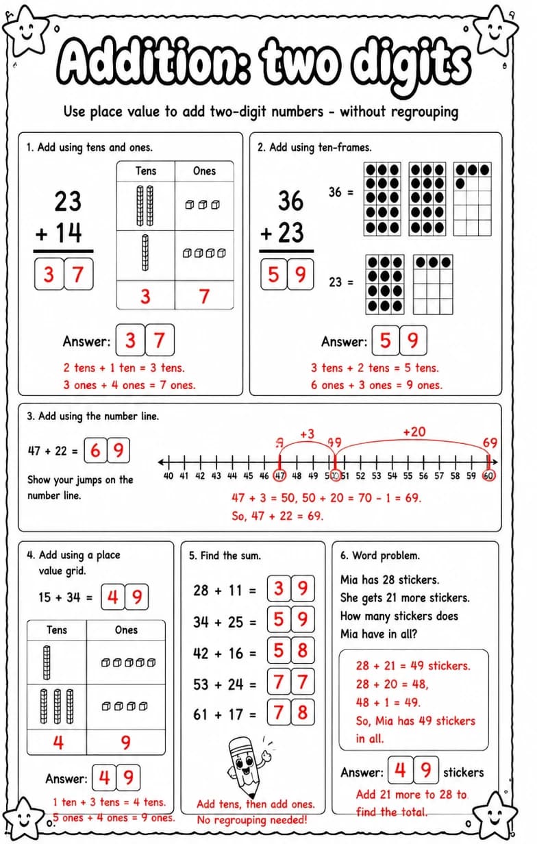 Answer key for Use place value to add two-digit numbers - without regrouping — free printable Math worksheet