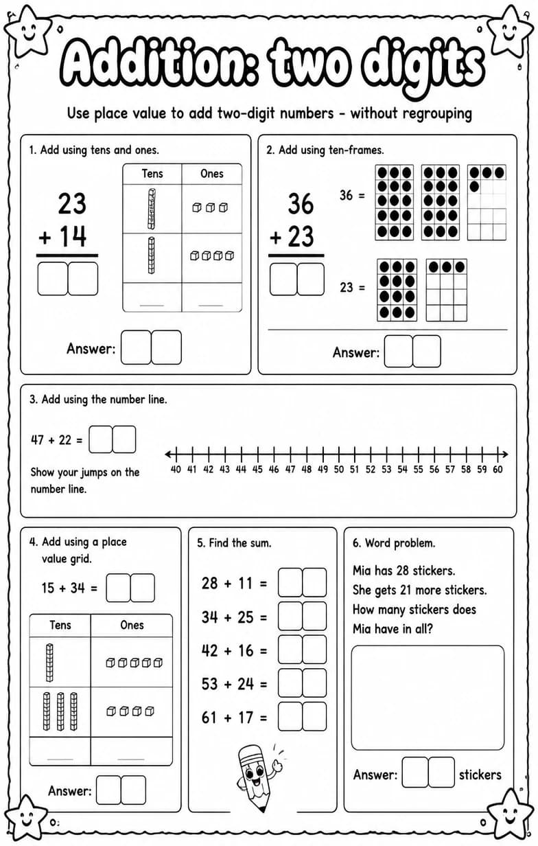 Use place value to add two-digit numbers - without regrouping — free printable Grade 1 math worksheet