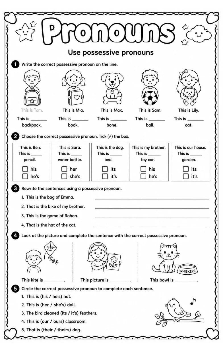 Use possessive pronouns — free printable Grade 2 English & Reading worksheet