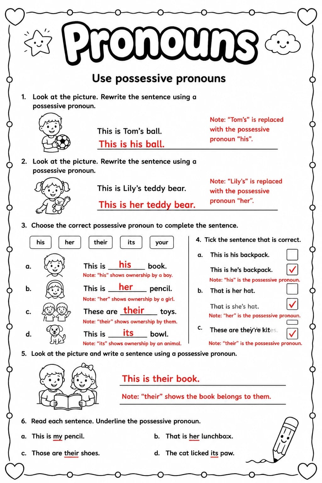 Answer key for Use possessive pronouns — free printable English & Reading worksheet