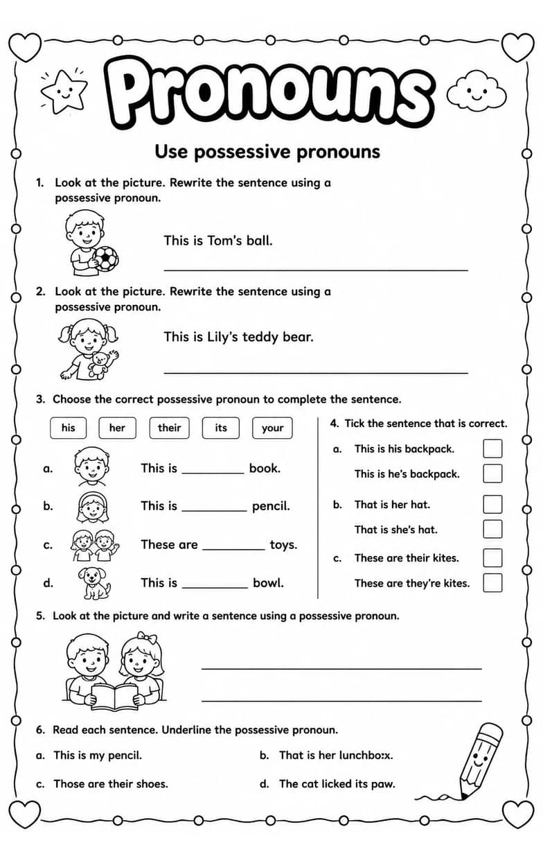 Use possessive pronouns — free printable Grammar and mechanics English worksheet