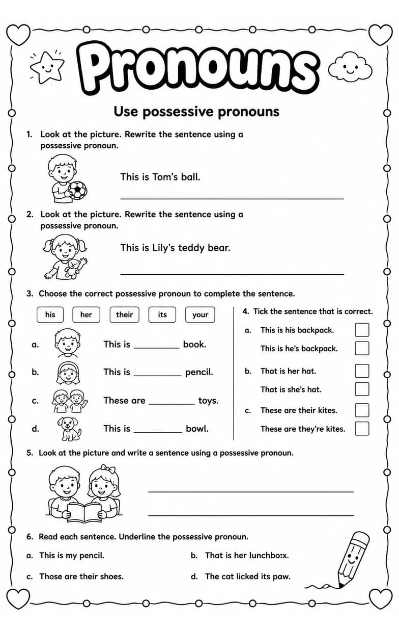 Use possessive pronouns — free printable Grade 3 English & Reading worksheet