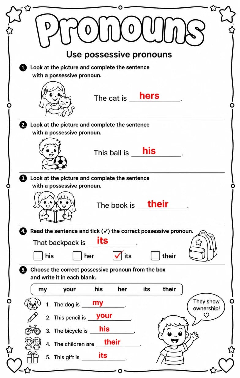 Answer key for Use possessive pronouns — free printable English & Reading worksheet