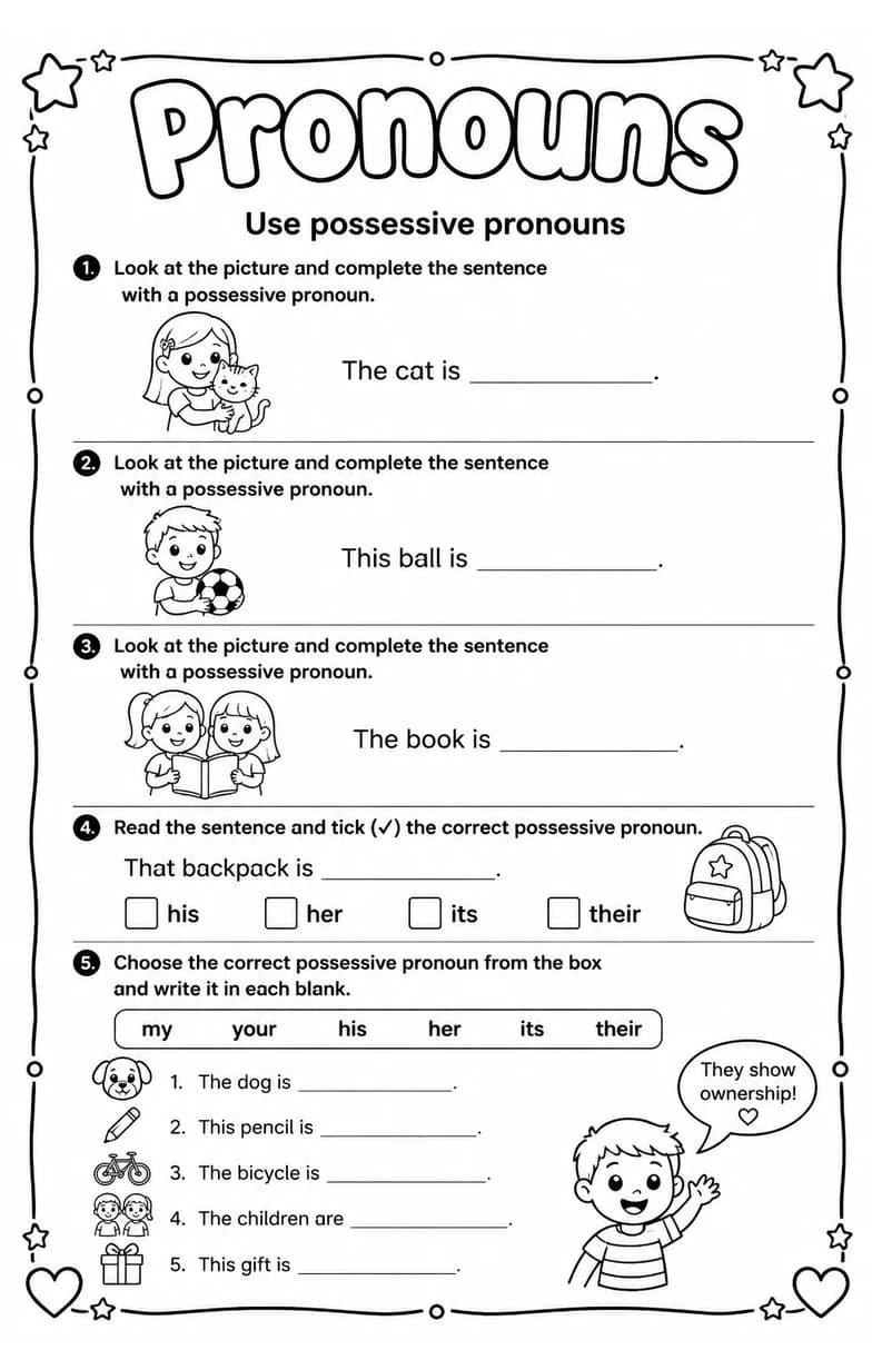 Use possessive pronouns — free printable Grammar and mechanics English worksheet