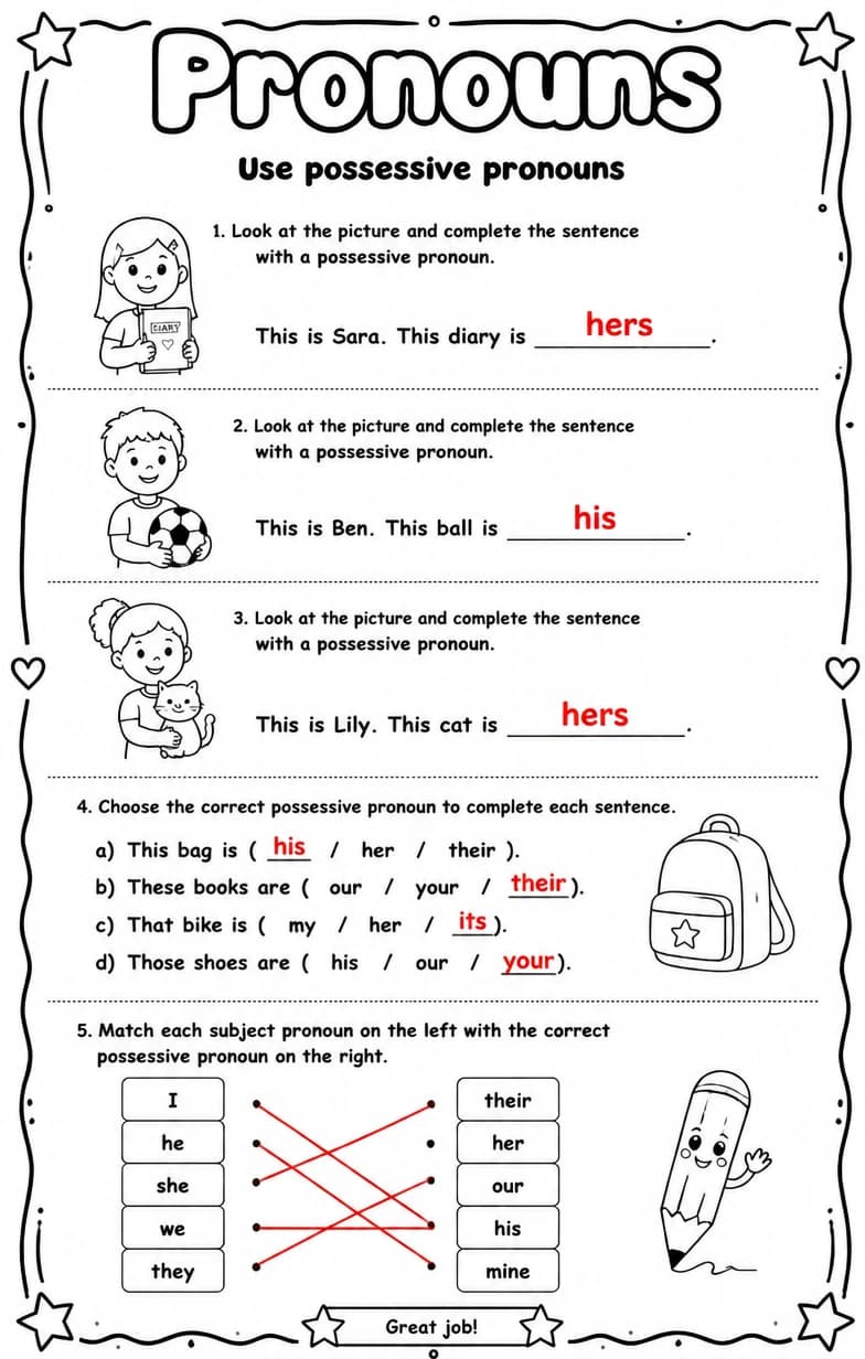 Answer key for Use possessive pronouns — free printable English & Reading worksheet