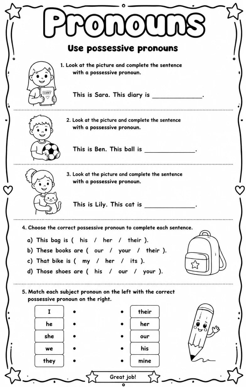 Use possessive pronouns — free printable Grammar and mechanics English worksheet