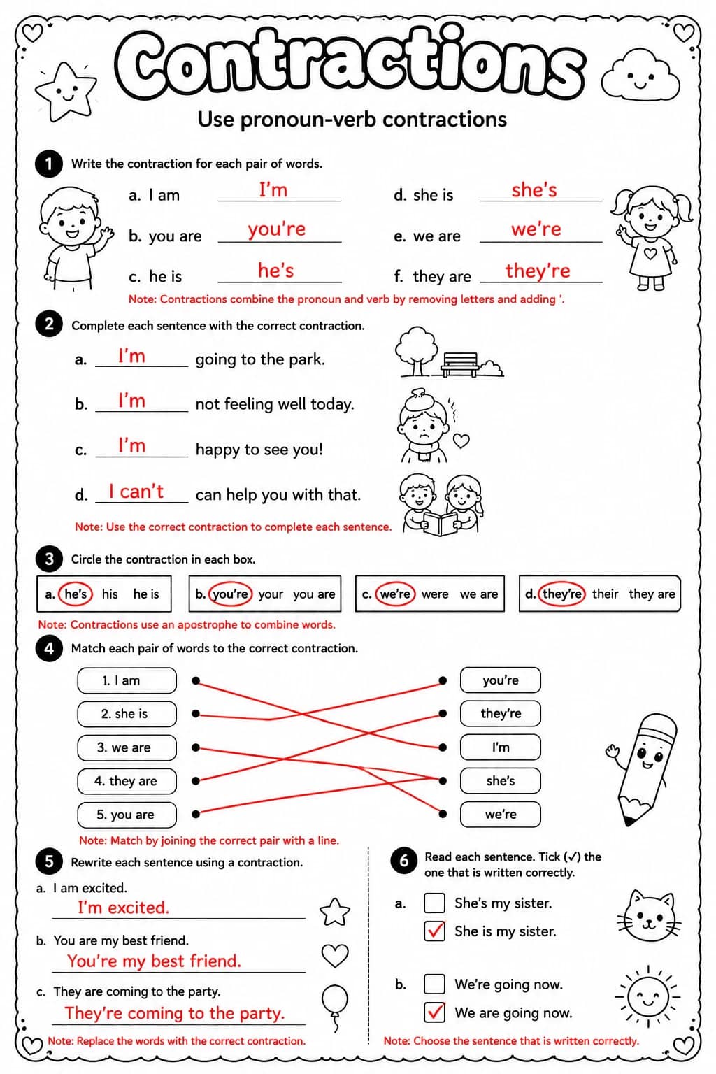 Answer key for Use pronoun-verb contractions — free printable English & Reading worksheet