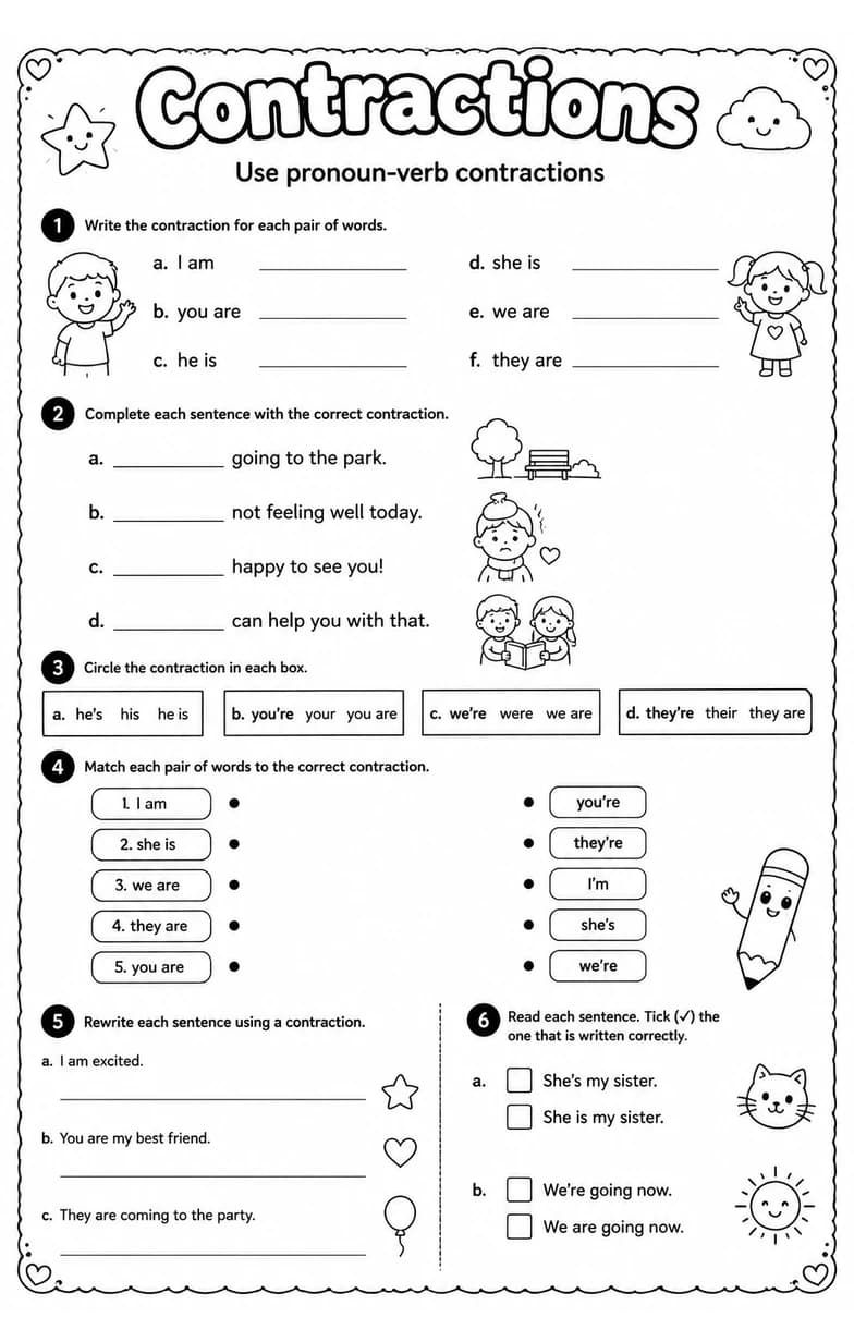 Use pronoun-verb contractions — free printable Grade 2 English & Reading worksheet