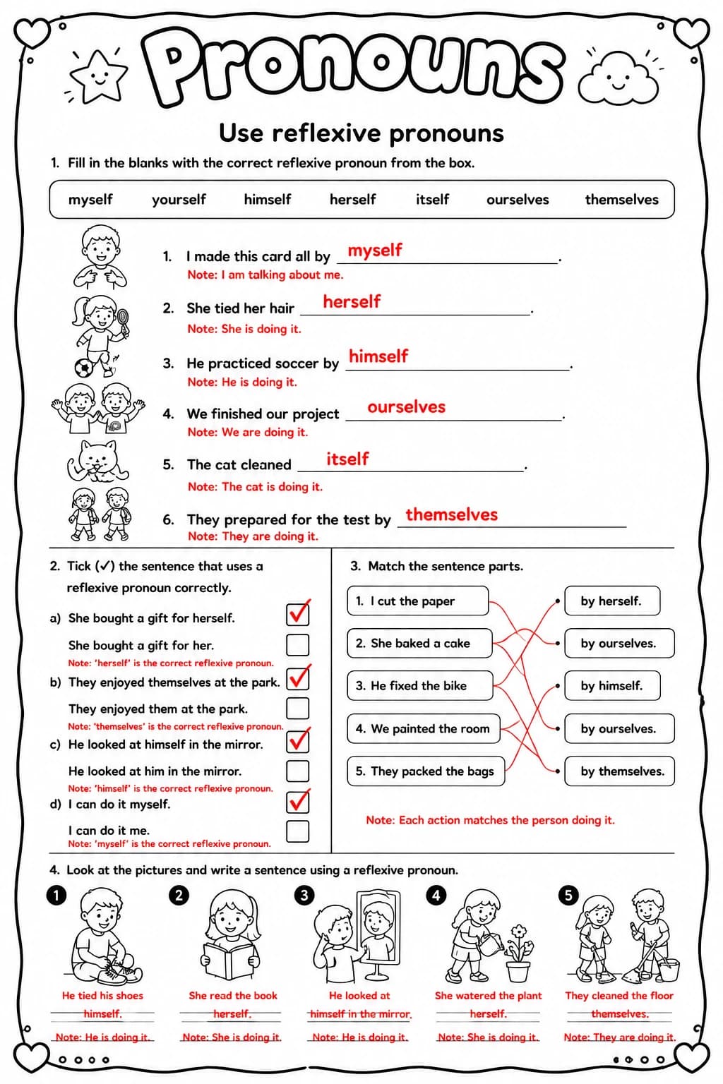 Answer key for Use reflexive pronouns — free printable English & Reading worksheet
