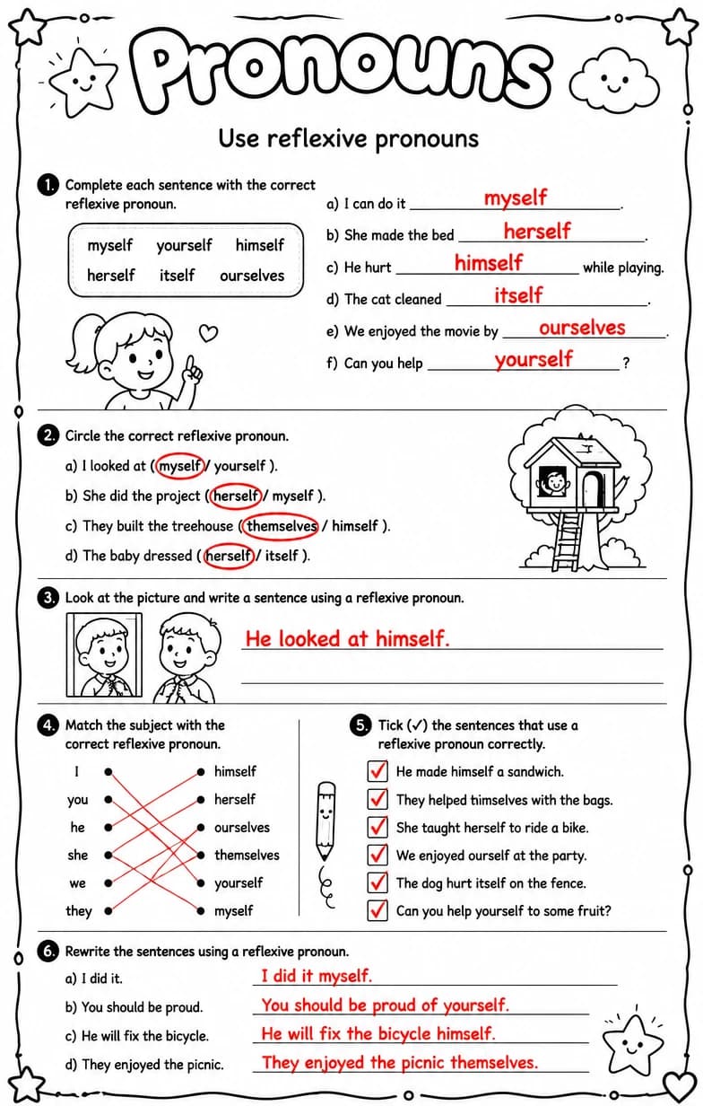 Answer key for Use reflexive pronouns — free printable English & Reading worksheet