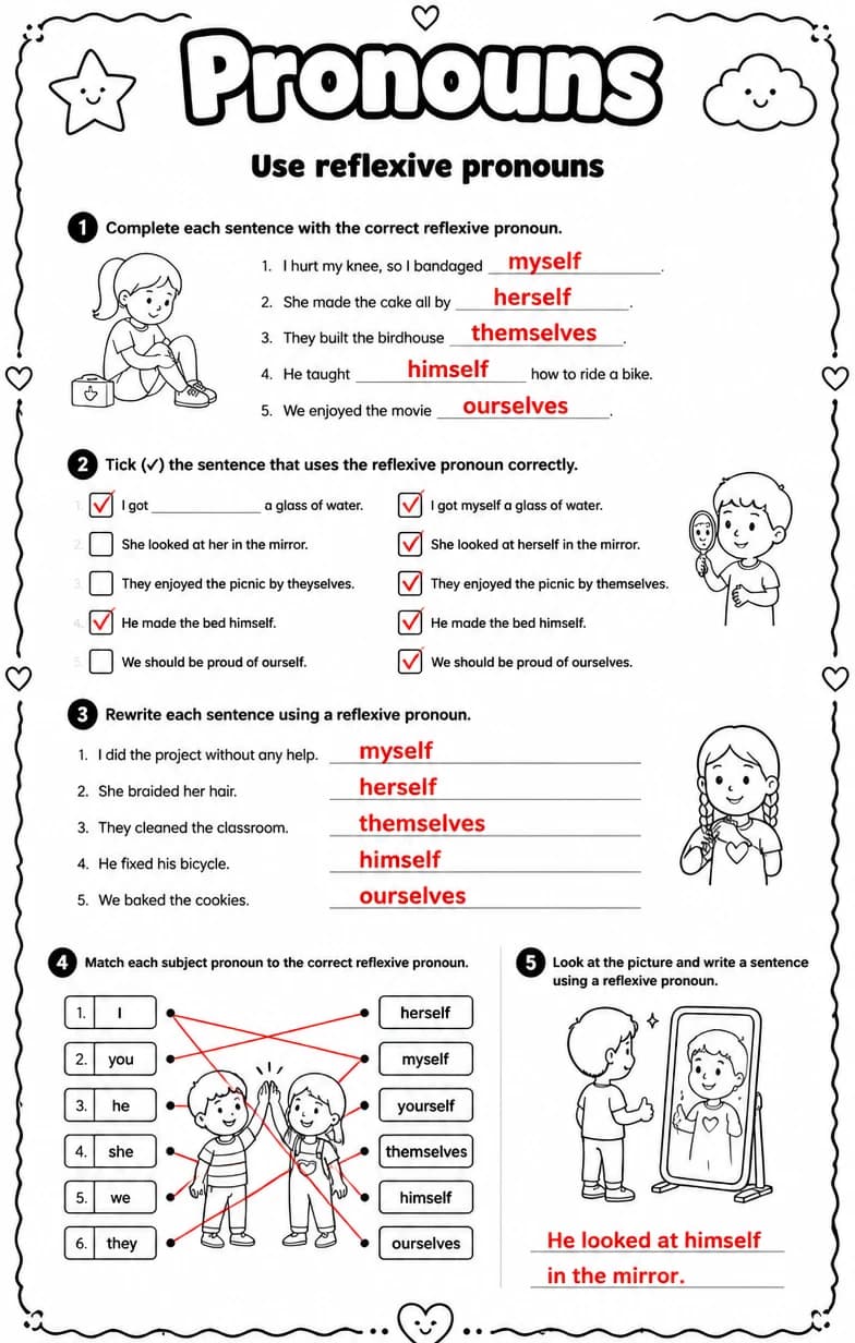 Answer key for Use reflexive pronouns — free printable English & Reading worksheet