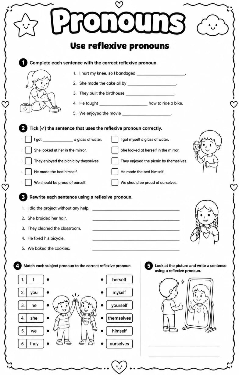 Use reflexive pronouns — free printable Grammar and mechanics English worksheet