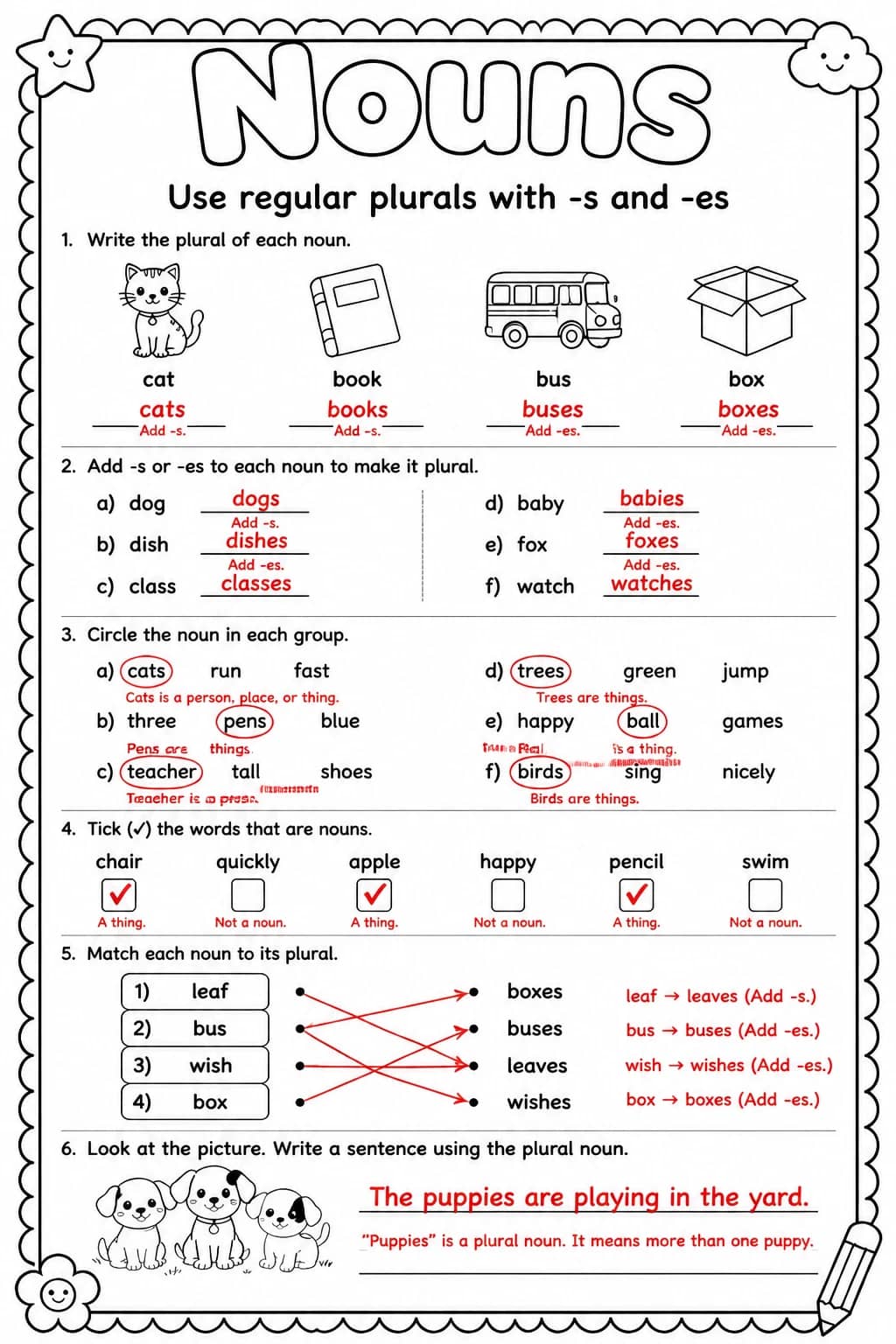 Answer key for Use regular plurals with -s and -es — free printable English & Reading worksheet
