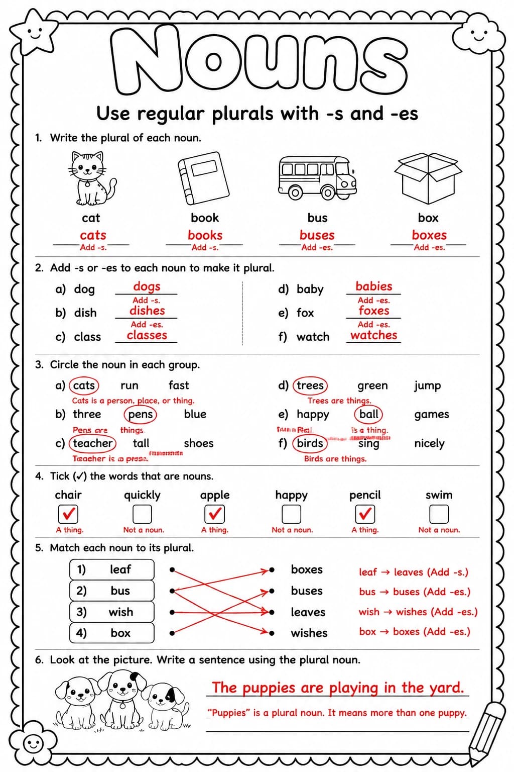 Answer key for Use regular plurals with -s and -es — free printable English & Reading worksheet