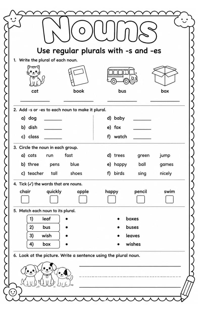 Use regular plurals with -s and -es — free printable Grammar and mechanics English worksheet