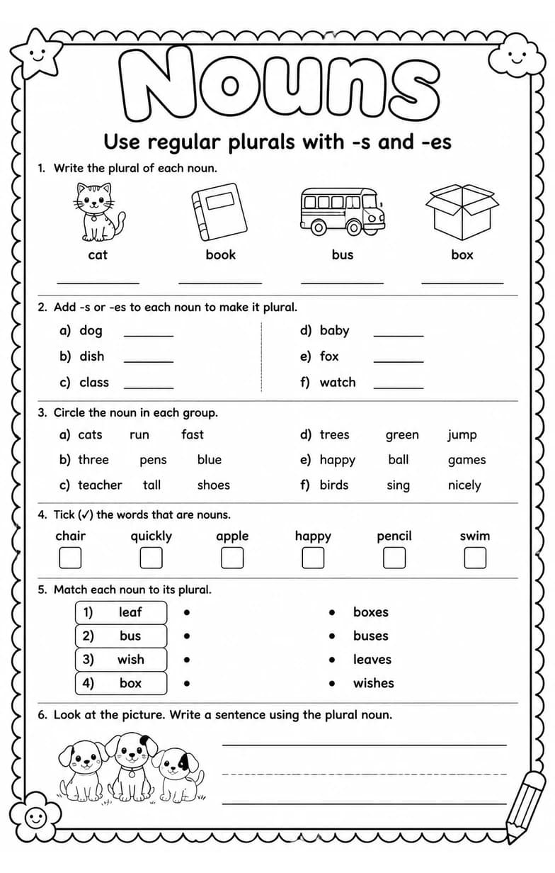 Use regular plurals with -s and -es — free printable Grammar and mechanics English worksheet