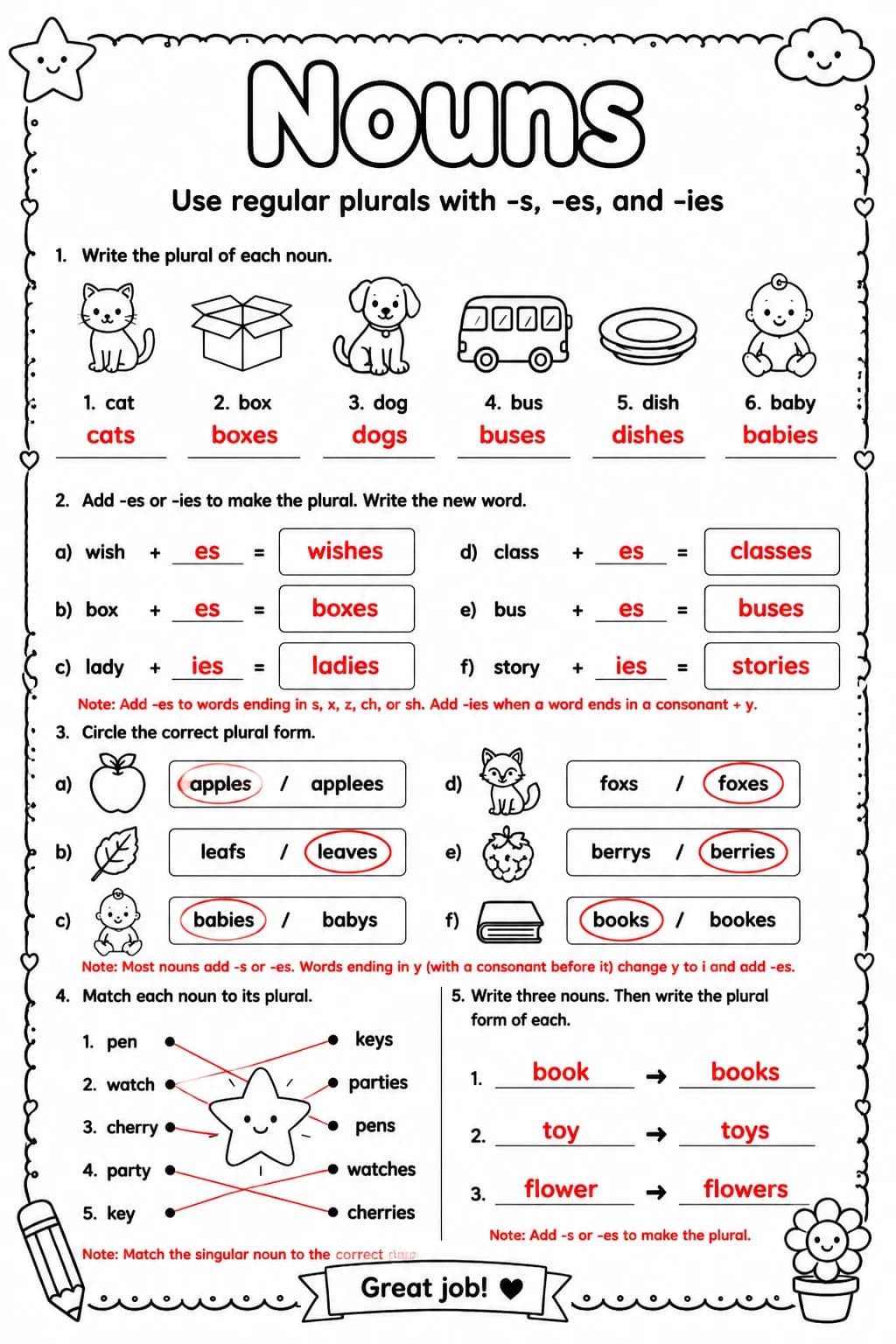 Answer key for Use regular plurals with -s, -es, and -ies — free printable English & Reading worksheet