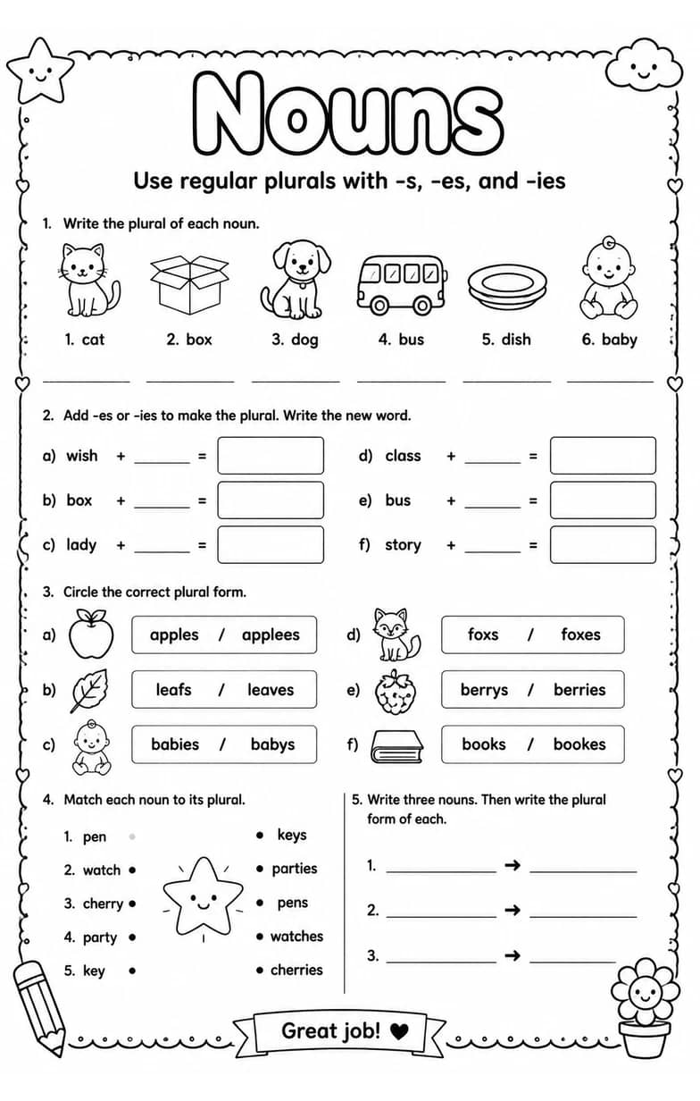Use regular plurals with -s, -es, and -ies — free printable Grammar and mechanics English worksheet
