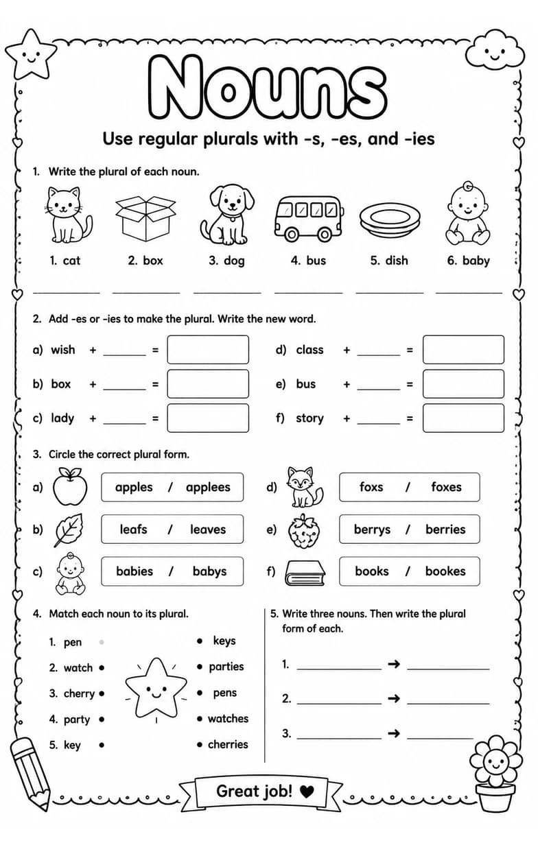 Use regular plurals with -s, -es, and -ies — free printable Grade 3 English & Reading worksheet
