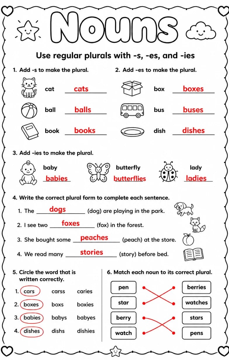 Answer key for Use regular plurals with -s, -es, and -ies — free printable English & Reading worksheet